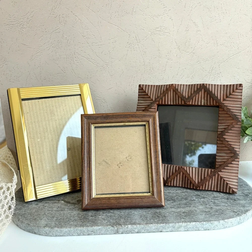 Vintage Picture Frame Set Gold Metal Wood Pier 1 Carved Textured 3 Piece Bundle